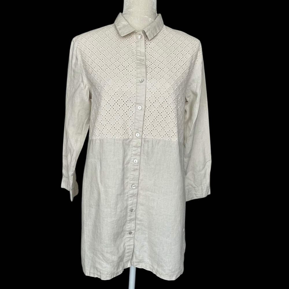 Mashu Kashu Linen Cream Eyelet Tunic Top Shirt Women’s Size M Button Front